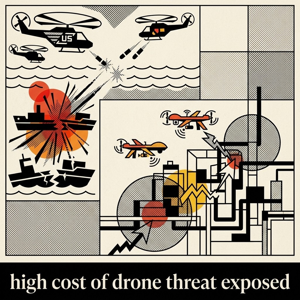2026-05-06 • The U.S. used helicopters to destroy Iranian boats, highlighting the cost imbalance in maritime security. An Iranian drone strike on a UAE oil facility exposes vulnerabilities.